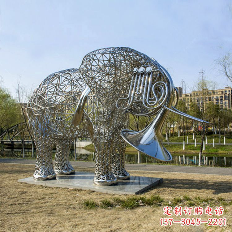 宁夏不锈钢大象吹唢呐雕塑——公园园林创意动物雕塑景观