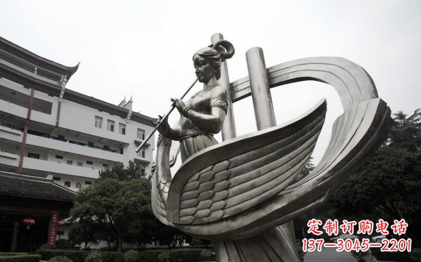宁夏古典美女不锈钢吹笛子雕塑