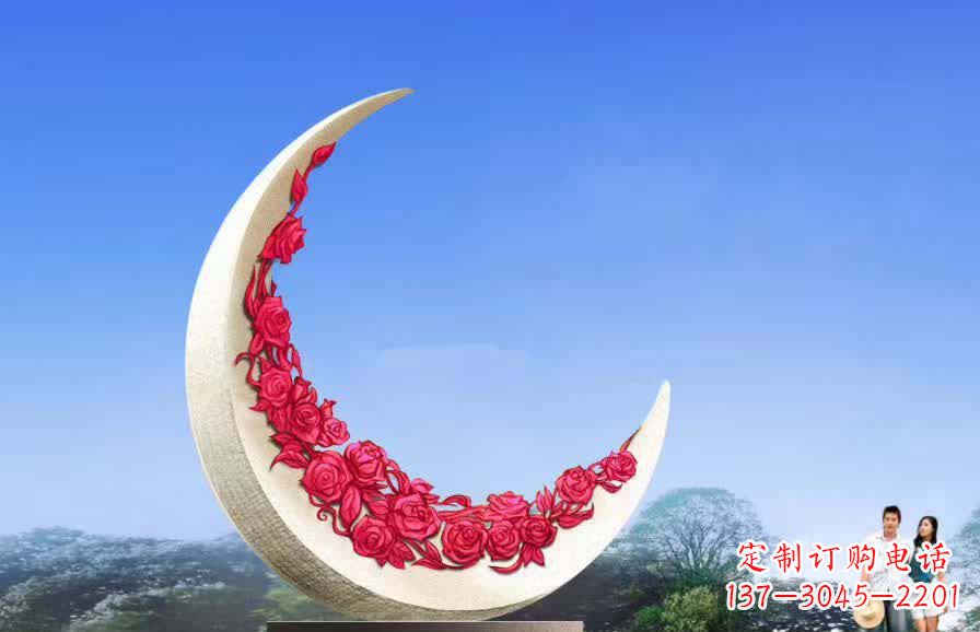 宁夏不锈钢广场月亮雕塑月光下的璀璨美景