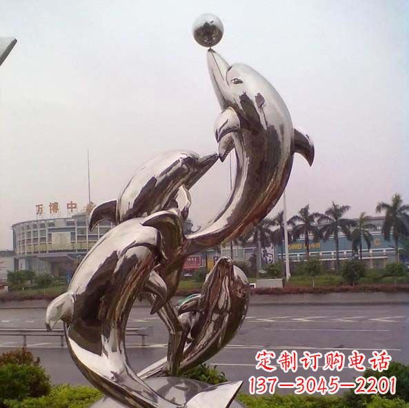 宁夏不锈钢海豚顶球造型雕塑