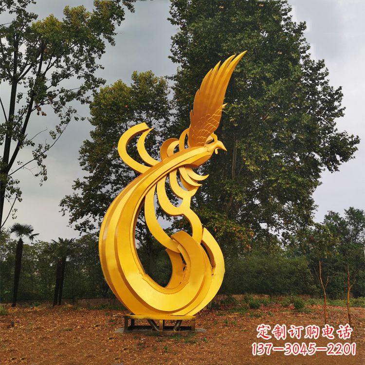 宁夏不锈钢凤凰雕塑黄金色园林之美