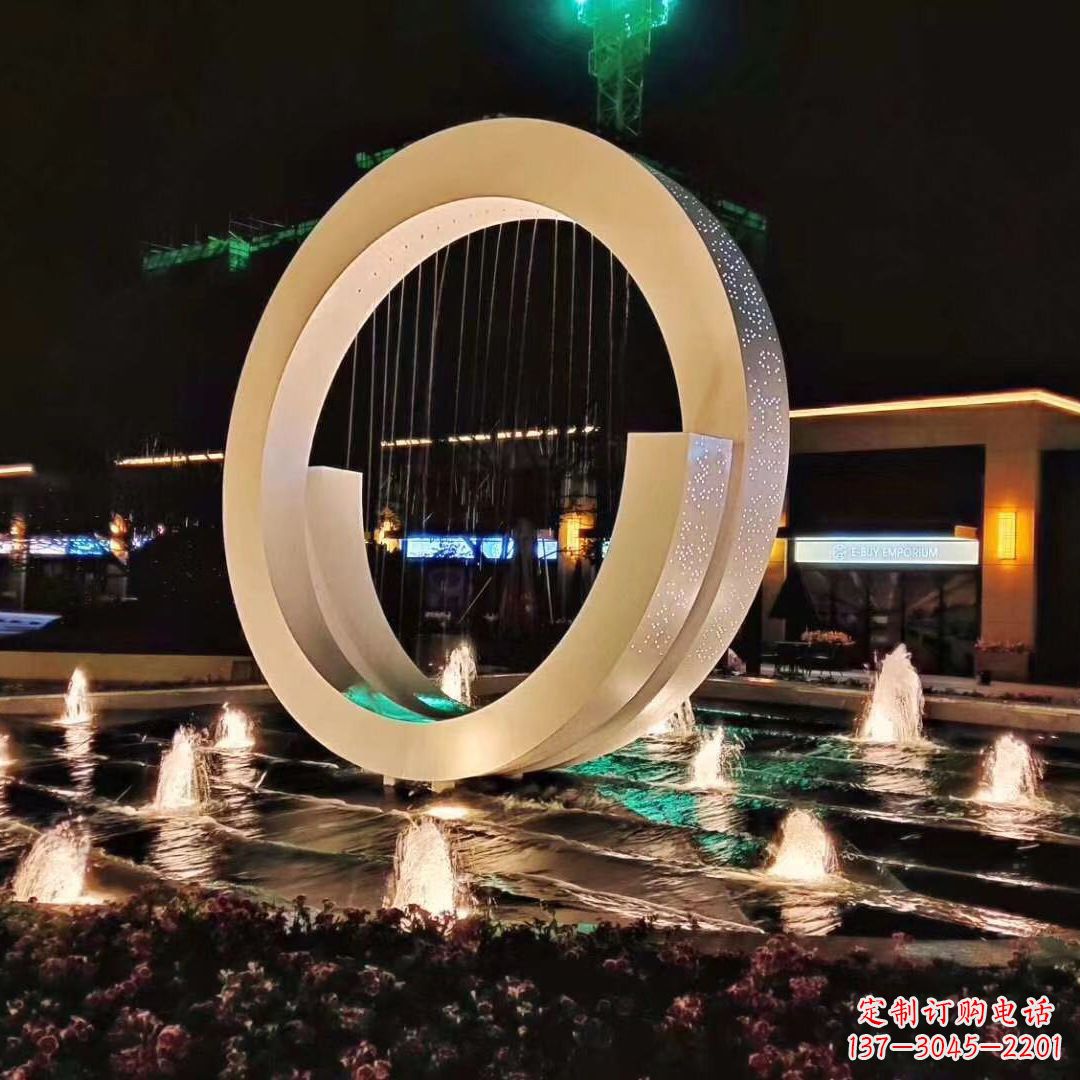 宁夏创意环状景观雕塑不锈钢灯光喷泉