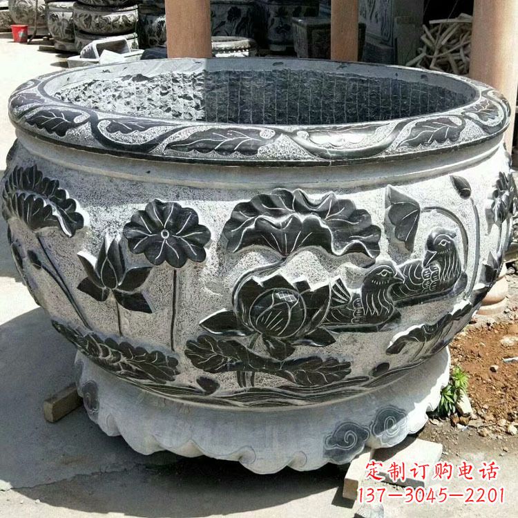 宁夏极致精细仿古圆形鱼缸石雕