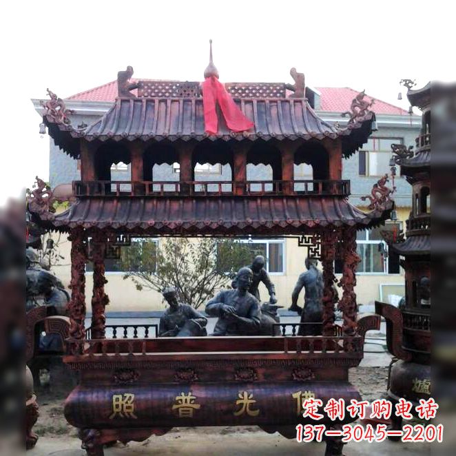 宁夏古典风格三足铜香炉定制雕塑