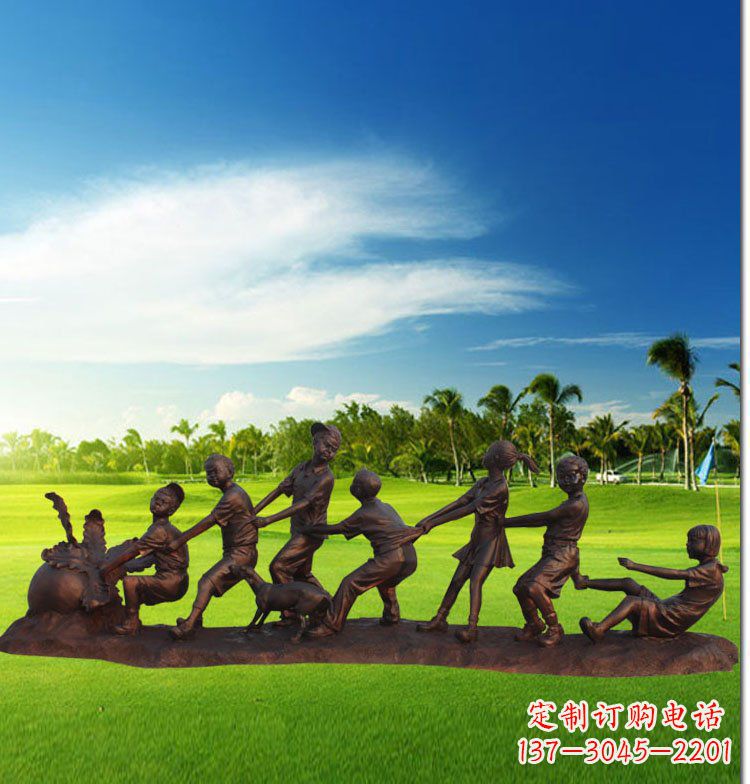 宁夏公园拔萝卜儿童玻璃钢仿铜雕塑