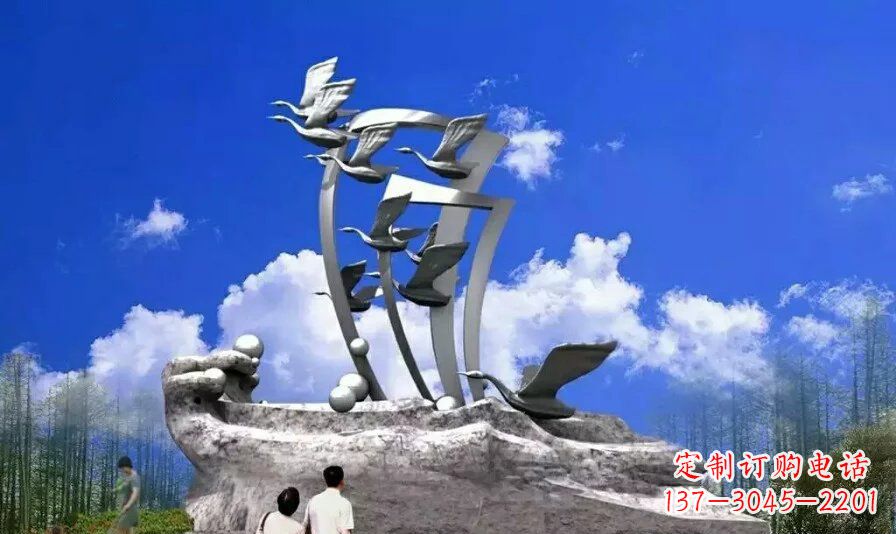 宁夏艺术家手工制作的不锈钢飞翔天鹅雕塑