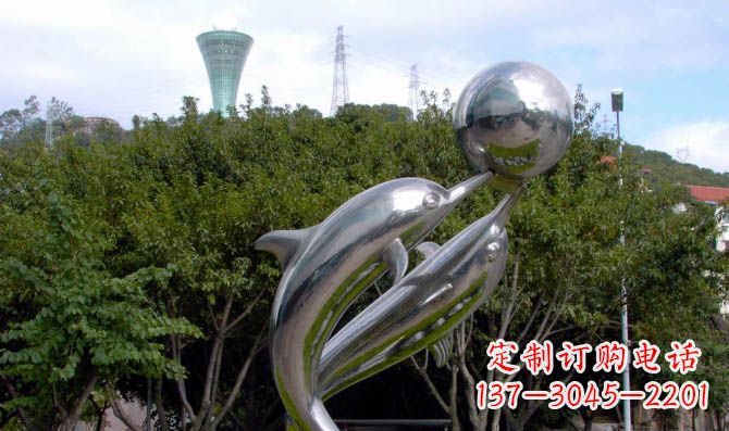 宁夏高贵静谧的不锈钢海豚顶球雕塑