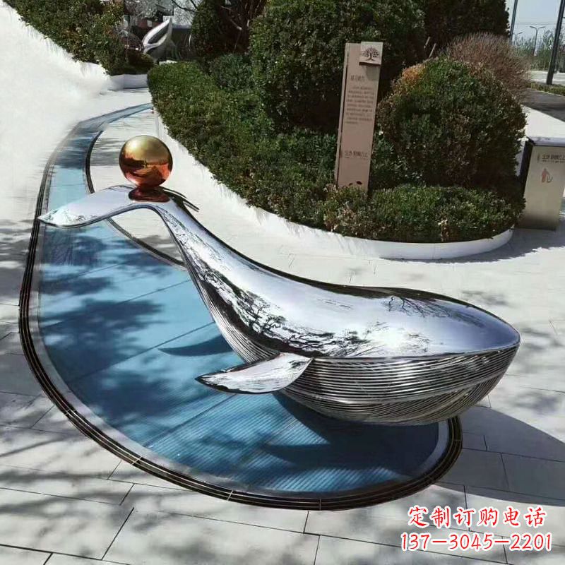 宁夏公园大型鲸鱼景观雕塑摆件-不锈钢镜面动物雕塑