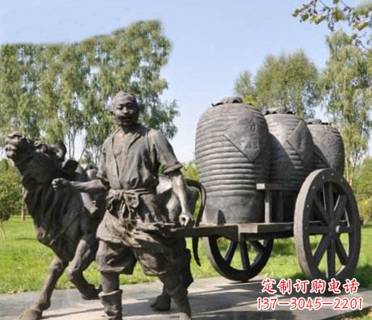 宁夏公园驾着牛车拉酒缸的古代人物小品铜雕