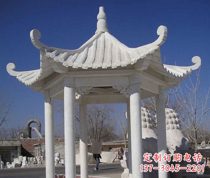 宁夏公园景观汉白玉六角石雕凉亭