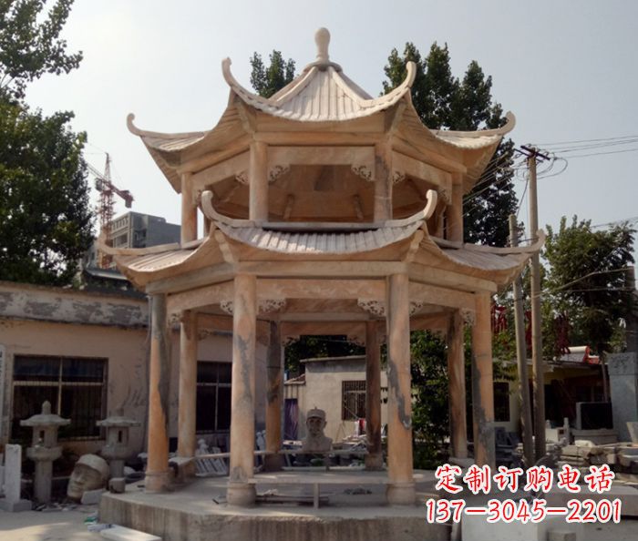 宁夏公园景观晚霞红双层石雕凉亭