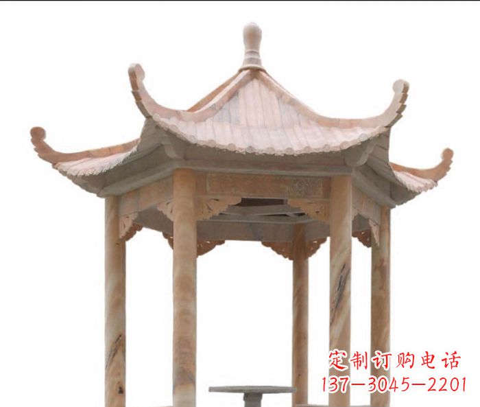 宁夏美丽而优雅的公园晚霞红六角石凉亭雕塑