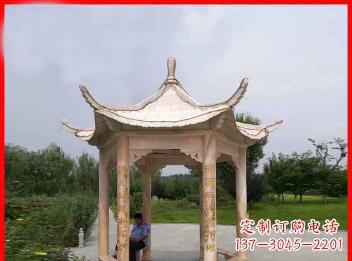 宁夏晚霞红六角石凉亭雕塑