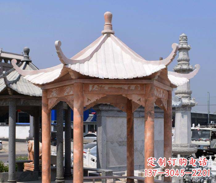 宁夏公园晚霞红石雕凉亭