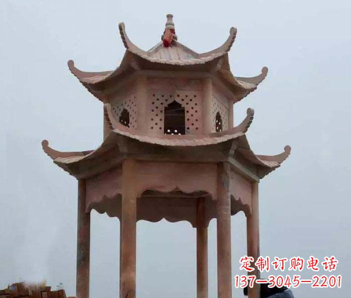 宁夏公园晚霞红双层六角石雕凉亭