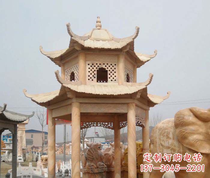 宁夏公园晚霞红双层六角石雕凉亭 (2)