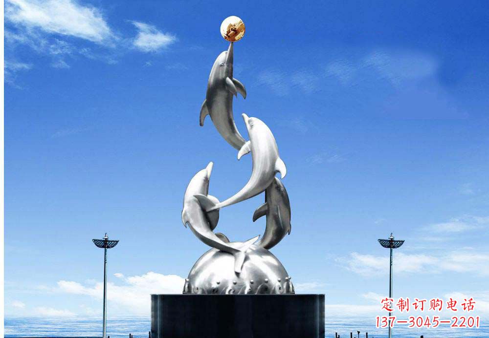 宁夏广场不锈钢海豚顶球雕塑