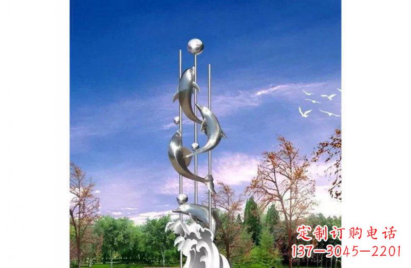 宁夏广场不锈钢海豚顶球观雕塑
