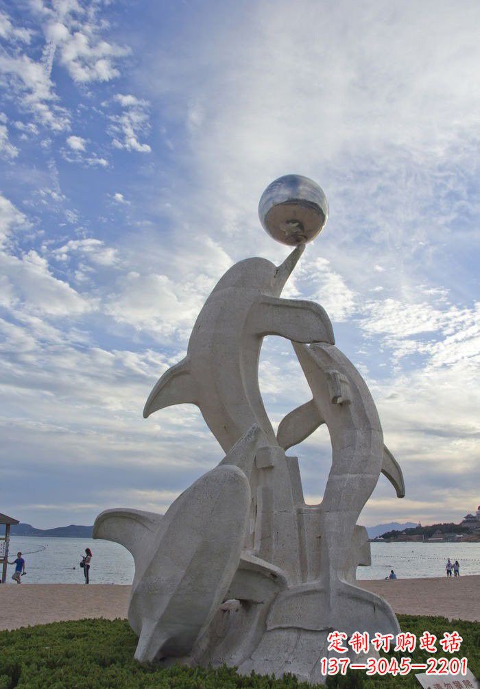 宁夏精细雕刻的海豚顶球海边动物石雕