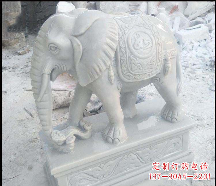 宁夏精美汉白玉吉祥鼻卷如意大象雕塑