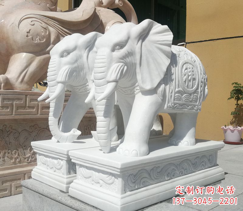 宁夏汉白玉吉祥如意门口招财大象石雕