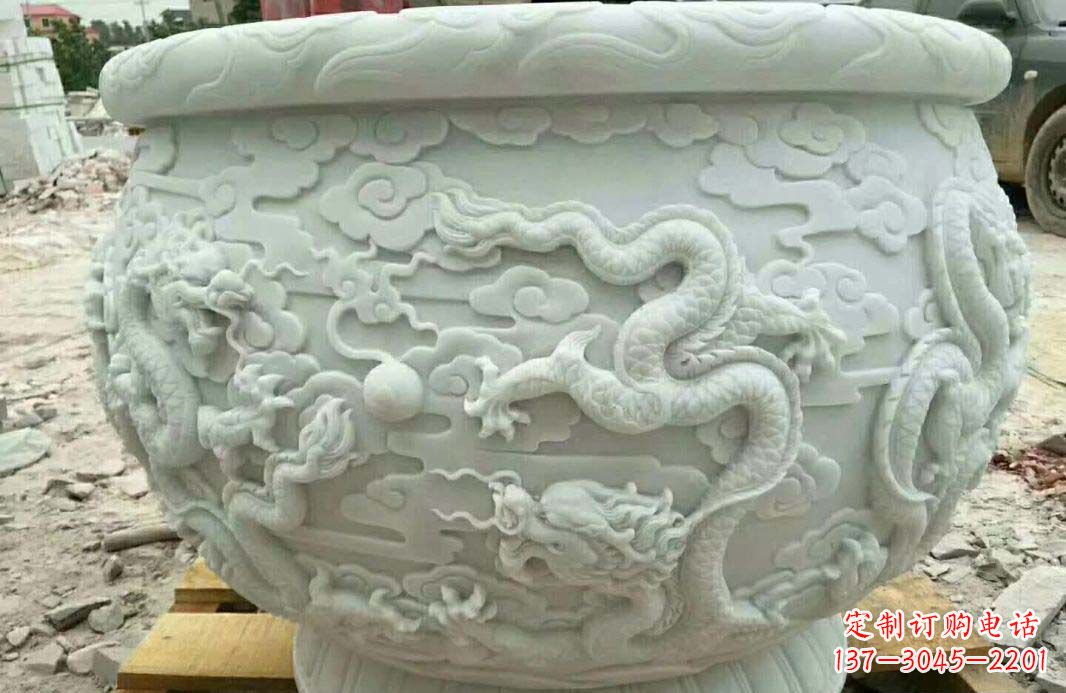 宁夏汉白玉龙浮雕水缸雕塑