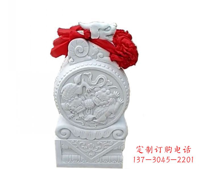 宁夏汉白玉貔貅抱鼓石招财石门墩