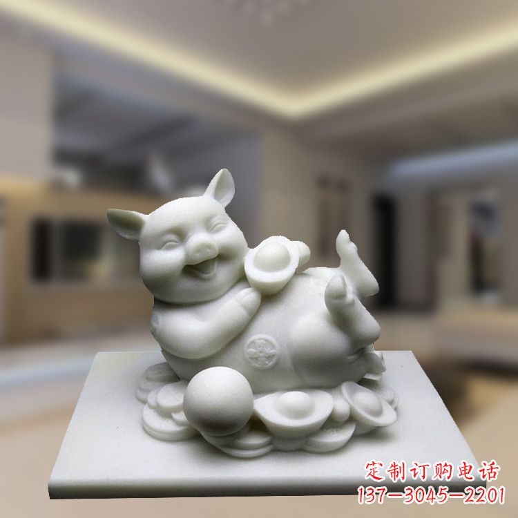 宁夏汉白玉动物雕塑,招财猪石雕精美装饰