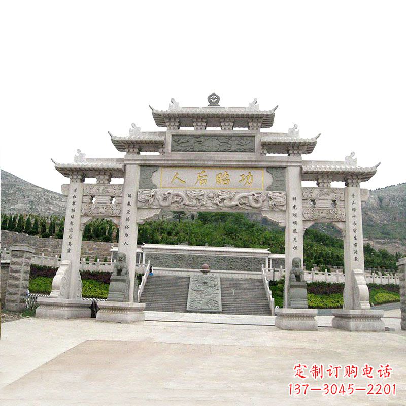 宁夏艺术精美的汉白玉三门石雕塑牌坊