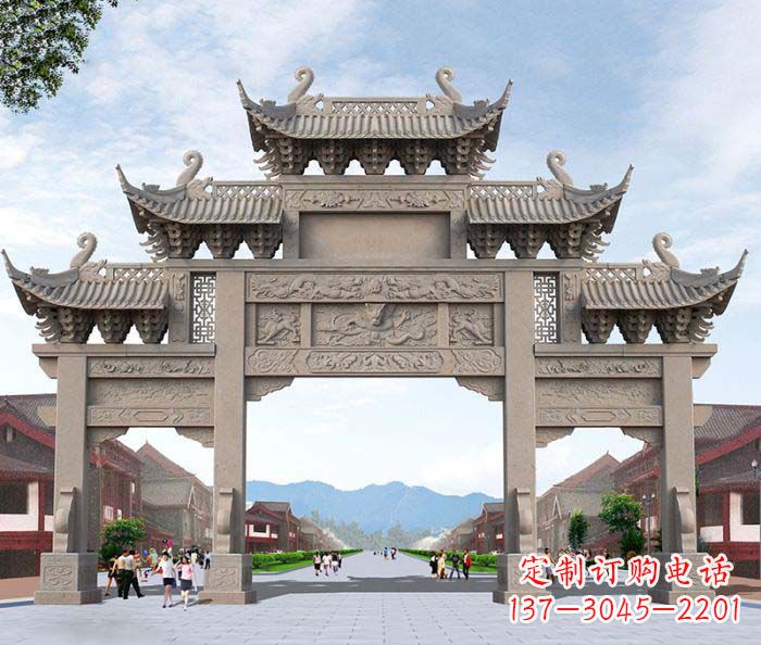 宁夏景区三门石雕牌楼——精美雕塑定制