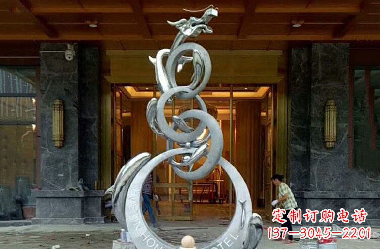 宁夏酒店不锈钢抽象鱼跃龙门雕塑