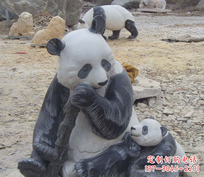 宁夏母子熊猫石雕仿真动物雕塑