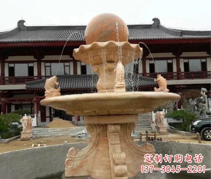 宁夏双层风水球喷泉晚霞红石雕