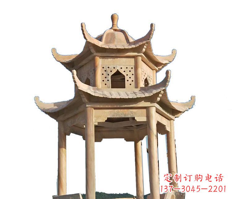 宁夏双层晚霞红凉亭石雕 (2)