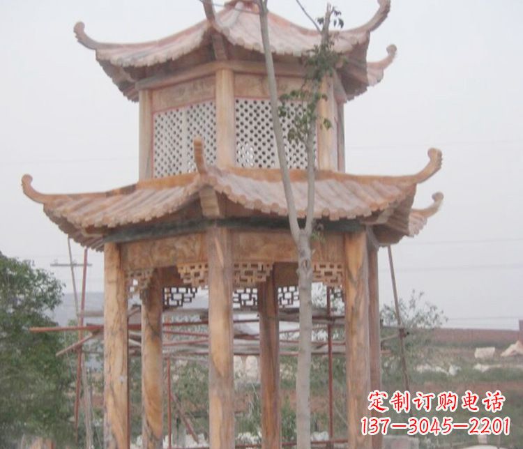 宁夏双层晚霞红石凉亭石雕 (2)