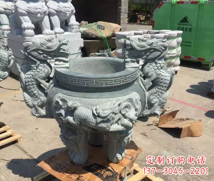 宁夏寺庙景观青石龙头香炉石雕 (2)