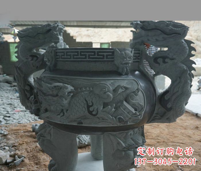 宁夏寺庙景观青石龙头香炉石雕