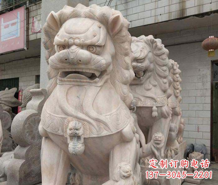 宁夏寺庙景观晚霞红狮子石雕