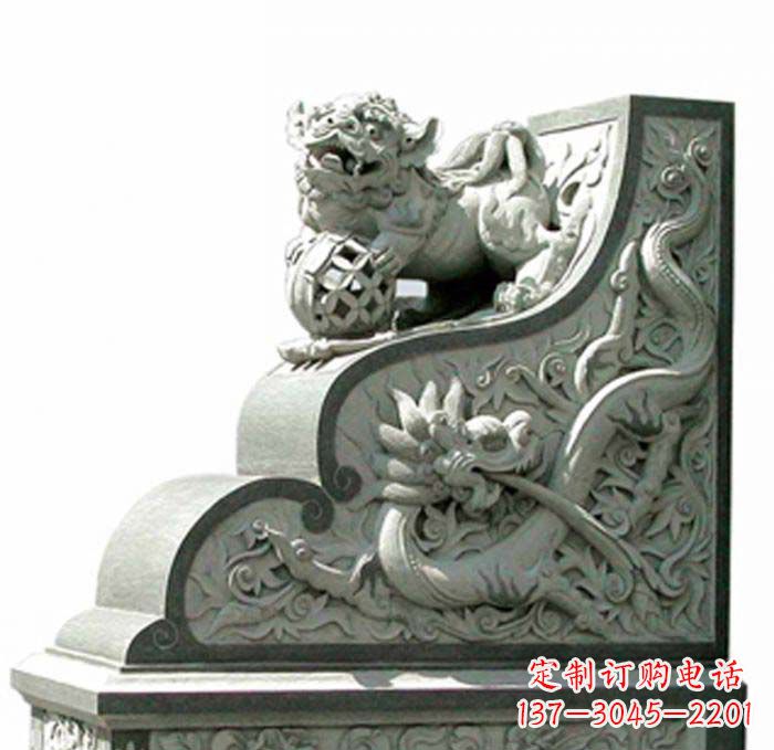 宁夏寺庙景观玩绣球狮子石雕门墩