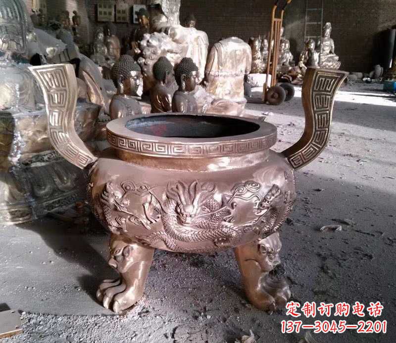 宁夏寺庙龙浮雕圆铜雕香炉