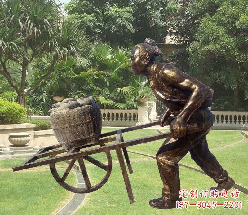 宁夏推独轮车的古人铜雕