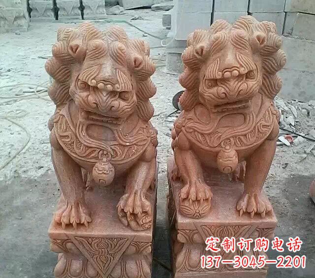 宁夏晚霞红传统狮子石雕