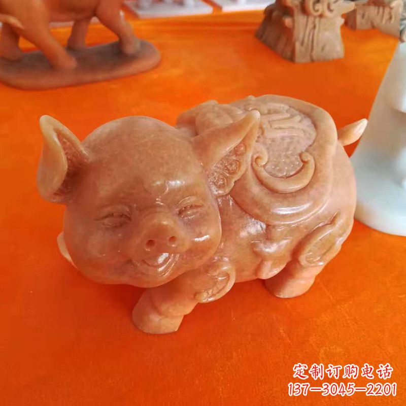 宁夏晚霞红大理石招财猪雕塑-企业商场创意生肖动物风水摆件