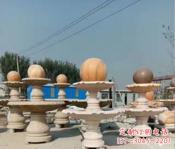 宁夏晚霞红多层风水球喷泉石雕