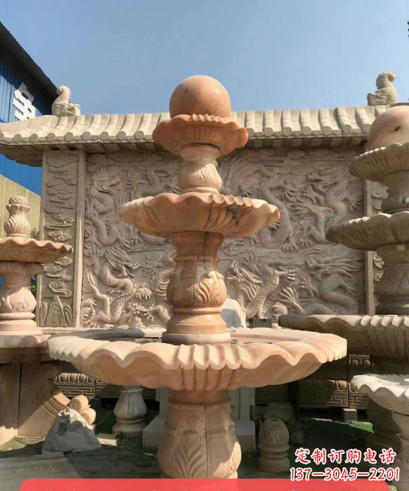 宁夏晚霞红风水球石雕喷泉