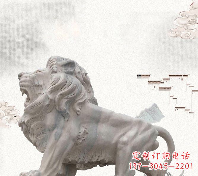 宁夏晚霞红公园动物仿真狮子石雕