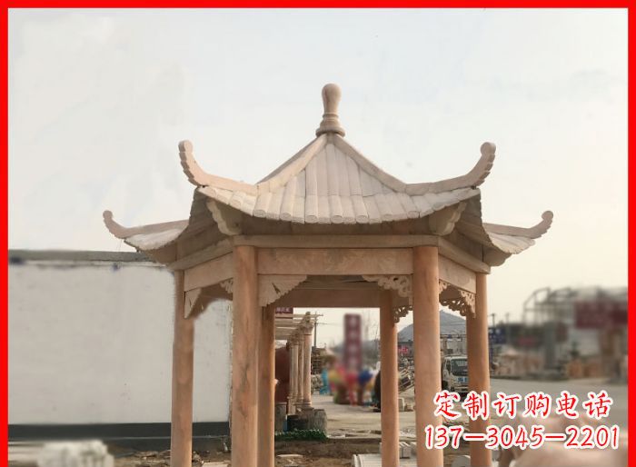宁夏晚霞红公园六角石雕凉亭