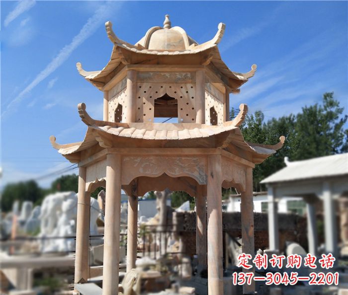 宁夏晚霞红公园双层六角凉亭石雕
