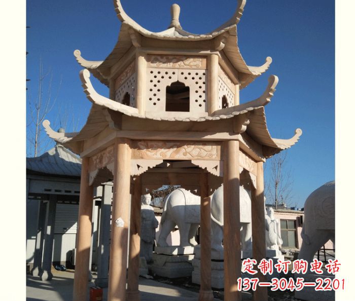 宁夏晚霞红公园双层六角凉亭石雕 (2)