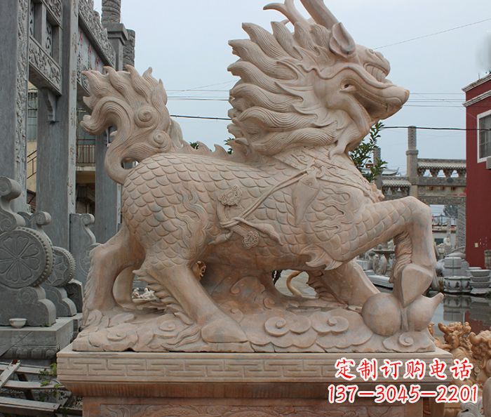 宁夏晚霞红古代神兽麒麟石雕